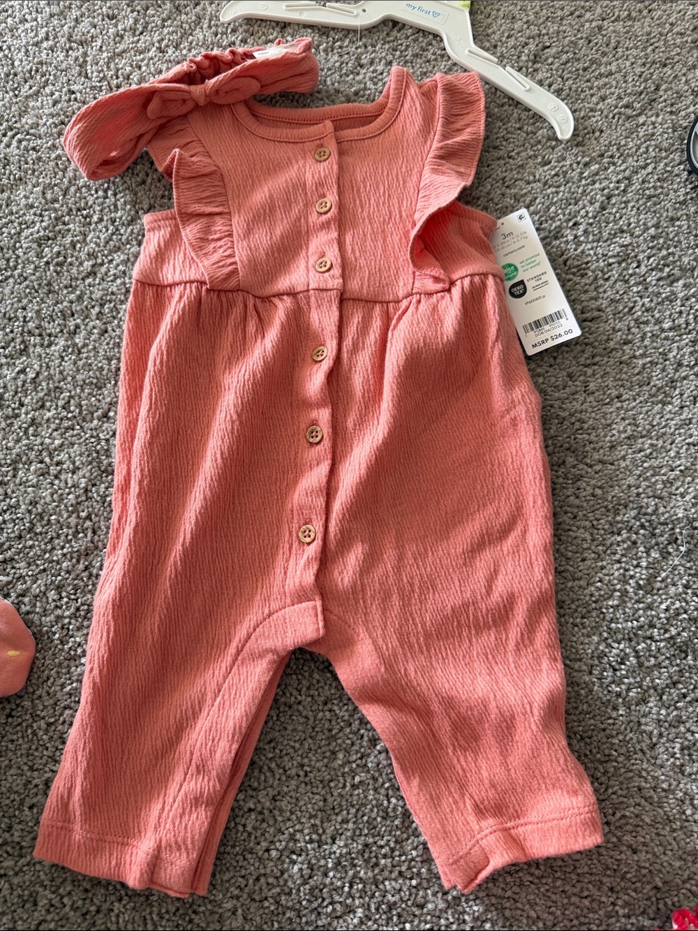 Carter's Coral Pink Button-Front Ruffle Romper with Headband